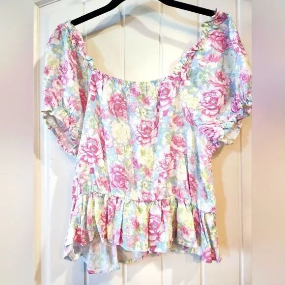 Almost Famous Women's Junior Blouse, Large, Puff Sleeve Pastel Rose Pink Blue - Picture 2 of 16